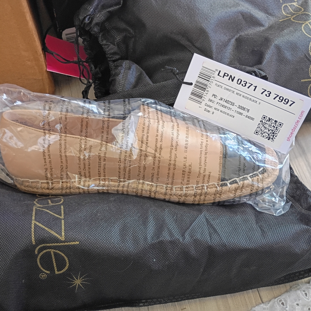 Shoe Dazzle Christie, New Nude and Black Flats, 9